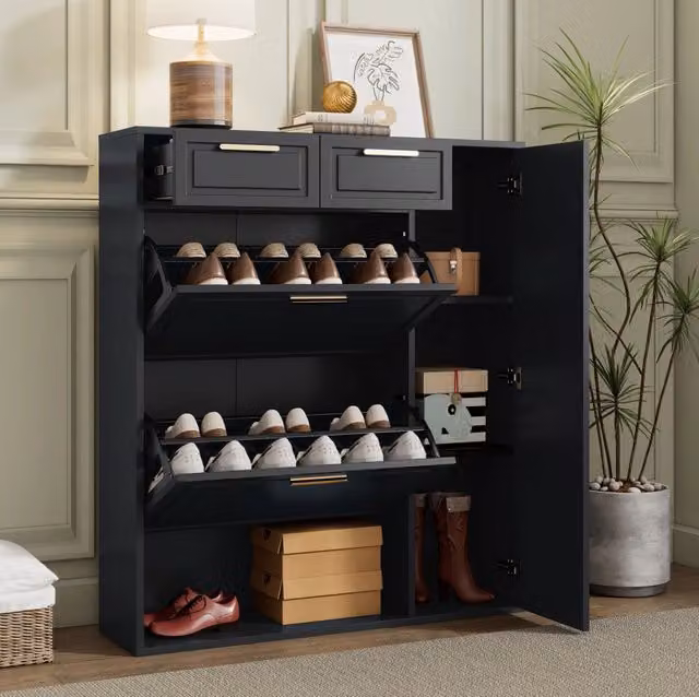 Scarpiera ULEVR 95x24x107 cm con 2 cassetti, ripiani regolabili e vani aperti, nera