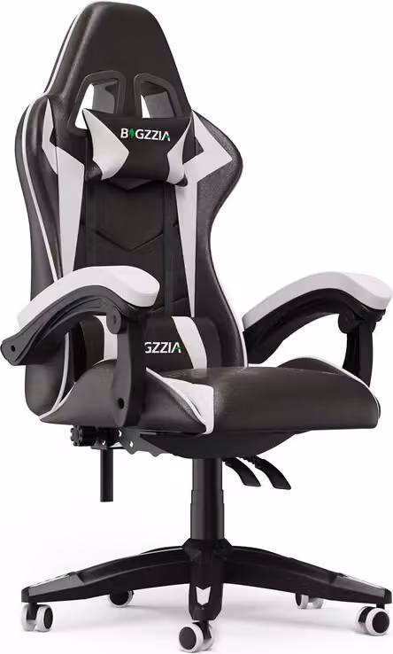 Bigzzia Sedia da gioco ergonomica - Sedie da gioco con cuscino lombare + poggiatesta Sedia da gioco Sedia da ufficio regolabile in altezza Sedia da computer per adulti ragazza ragazzo - Nero e bianco