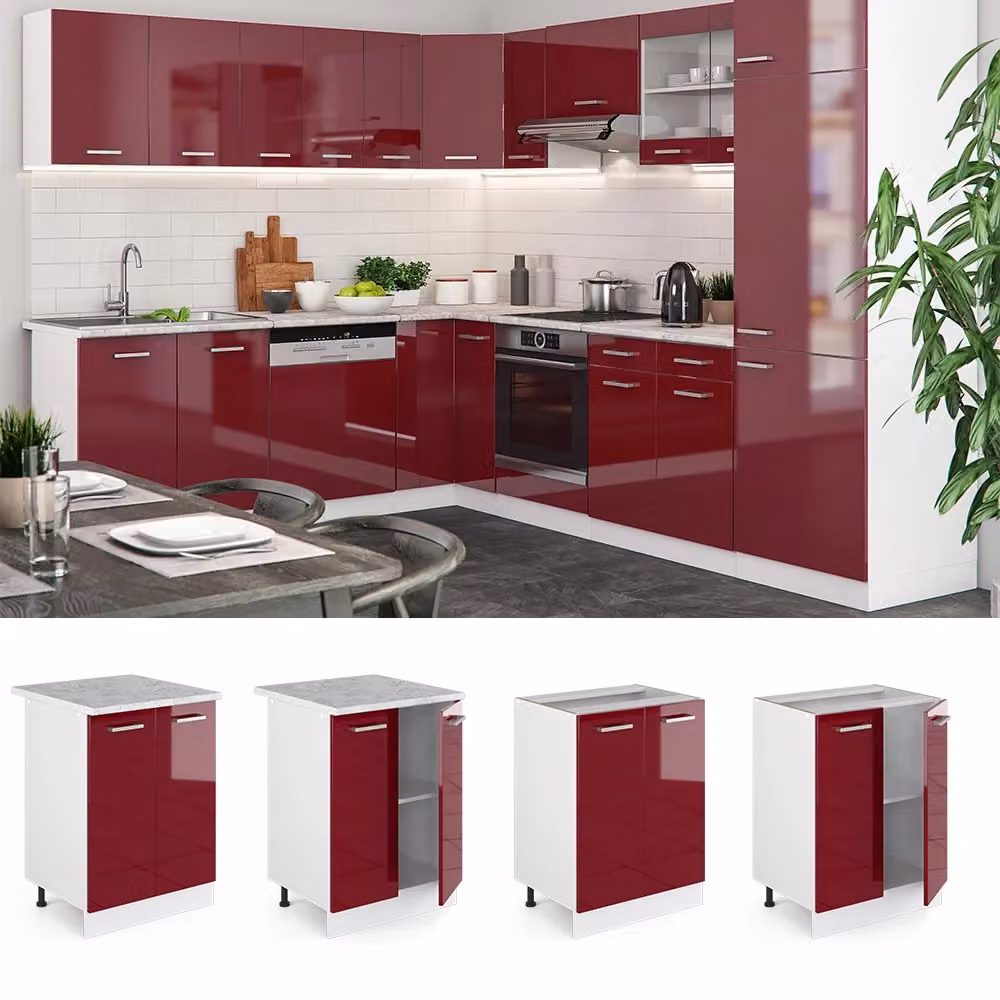 Mobiletto base cucina Vicco R-Line moderno in rosso lucido e bianco con ante a battente L 60 cm x P 26,4 cm x H 81,6 cm – 2