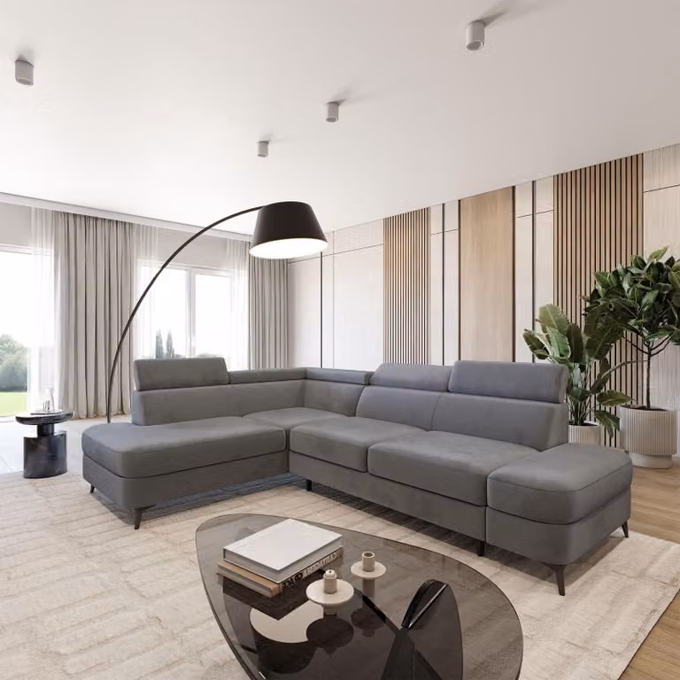 Divano ad angolo Masseno AVISE M L-S con funzione letto a L, divano con contenitore, divano da salotto, divano, divano letto, set divani - Grigio, MONOLITH 85
