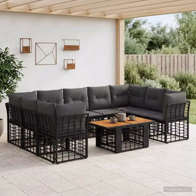 Set Divano da Giardino 10 pz Nero e Grigio scuro polyrattan 3437901