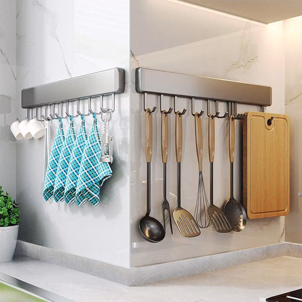 DE Alluminio Appendiabiti da cucina Supporto da cucina senza forature con 8 ganci
