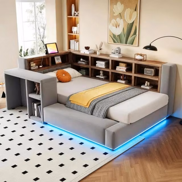 Letto imbottito 90x200 cm con contenitori a più livelli, illuminazione LED e prese integrate, colore grigio scuro