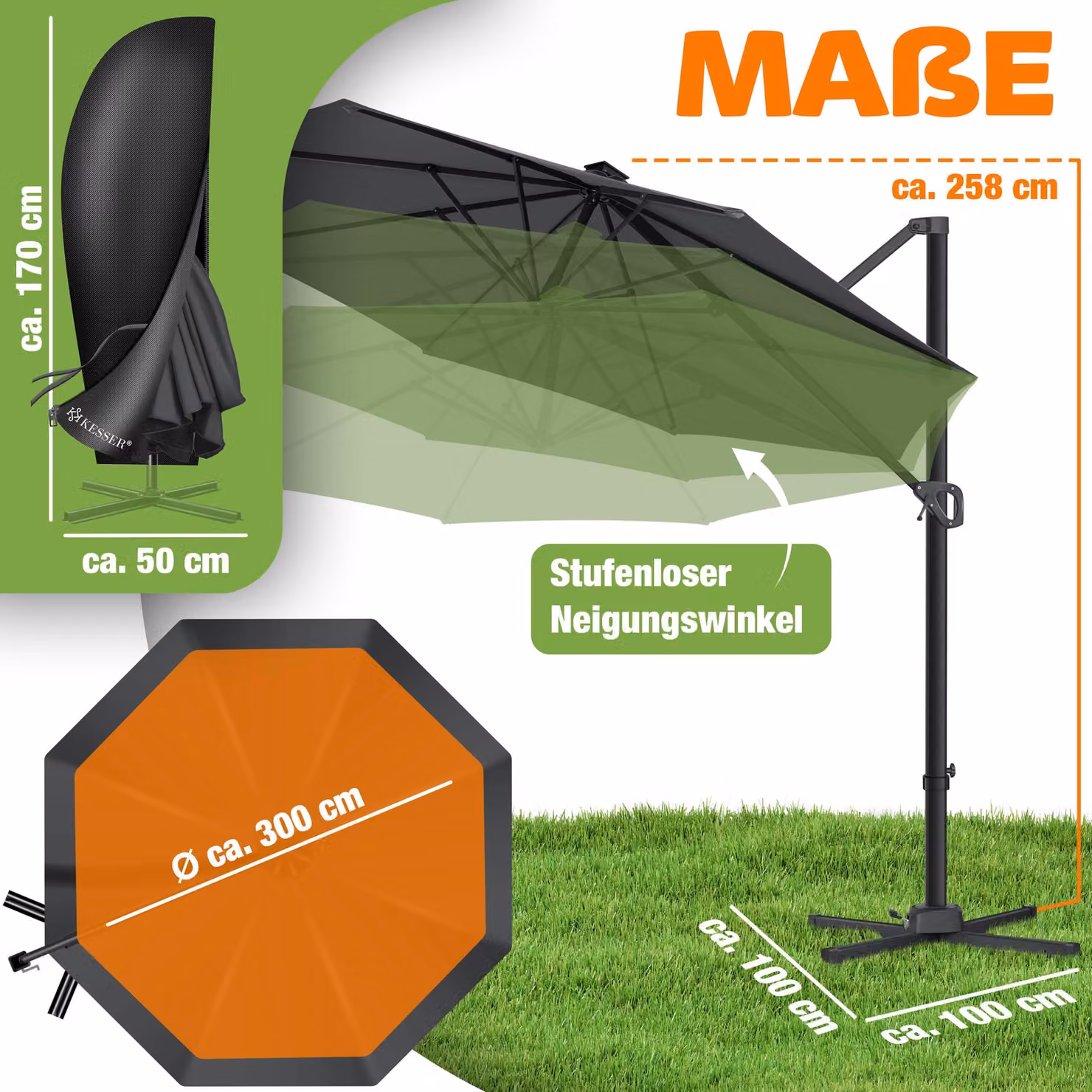 KESSER® Parasole per pergolati, modello SUN, diametro 330 cm, regolabile in 7 posizioni, rotazione a 360°, include copertura