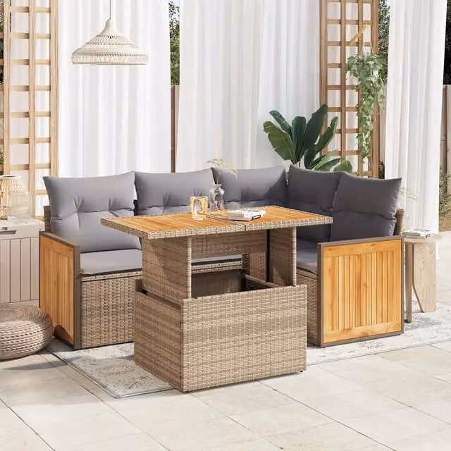 Set Divano da Giardino 5 pz con Cuscini Beige Polyrattan Acacia 3327706