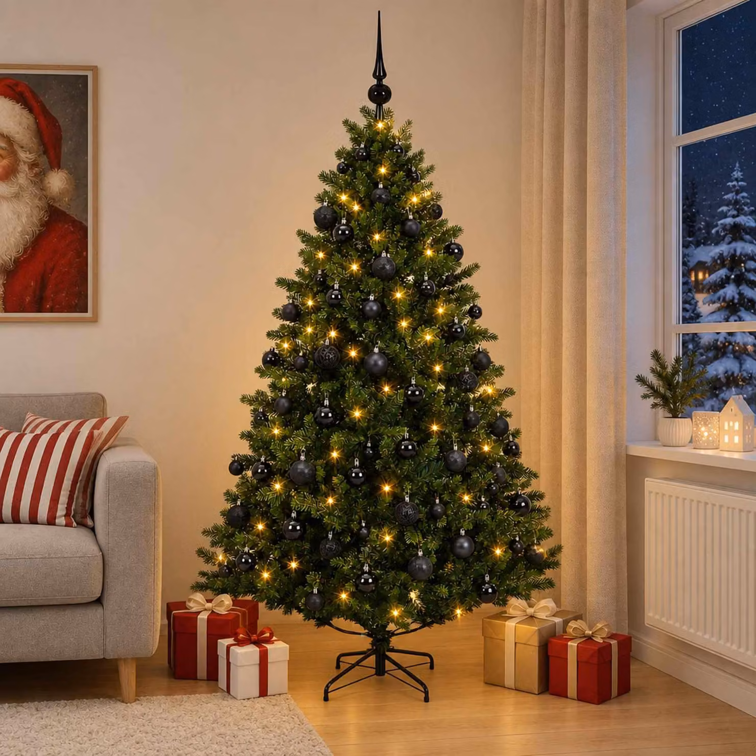 Albero di Natale artificiale con decorazioni a sfera, altezza 180 cm, 300 luci LED