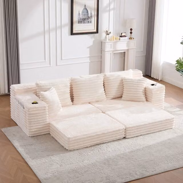 Divano letto Minimal beige in tessuto con cuscini e funzione letto per soggiorno – 1