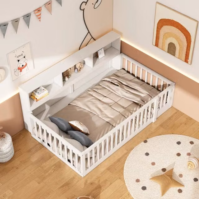 Letto singolo per bambini OKWISH in pino bianco laccato con sponde apribili e ripiani laterali, L/P/H: 200 x 90 x 105 cm