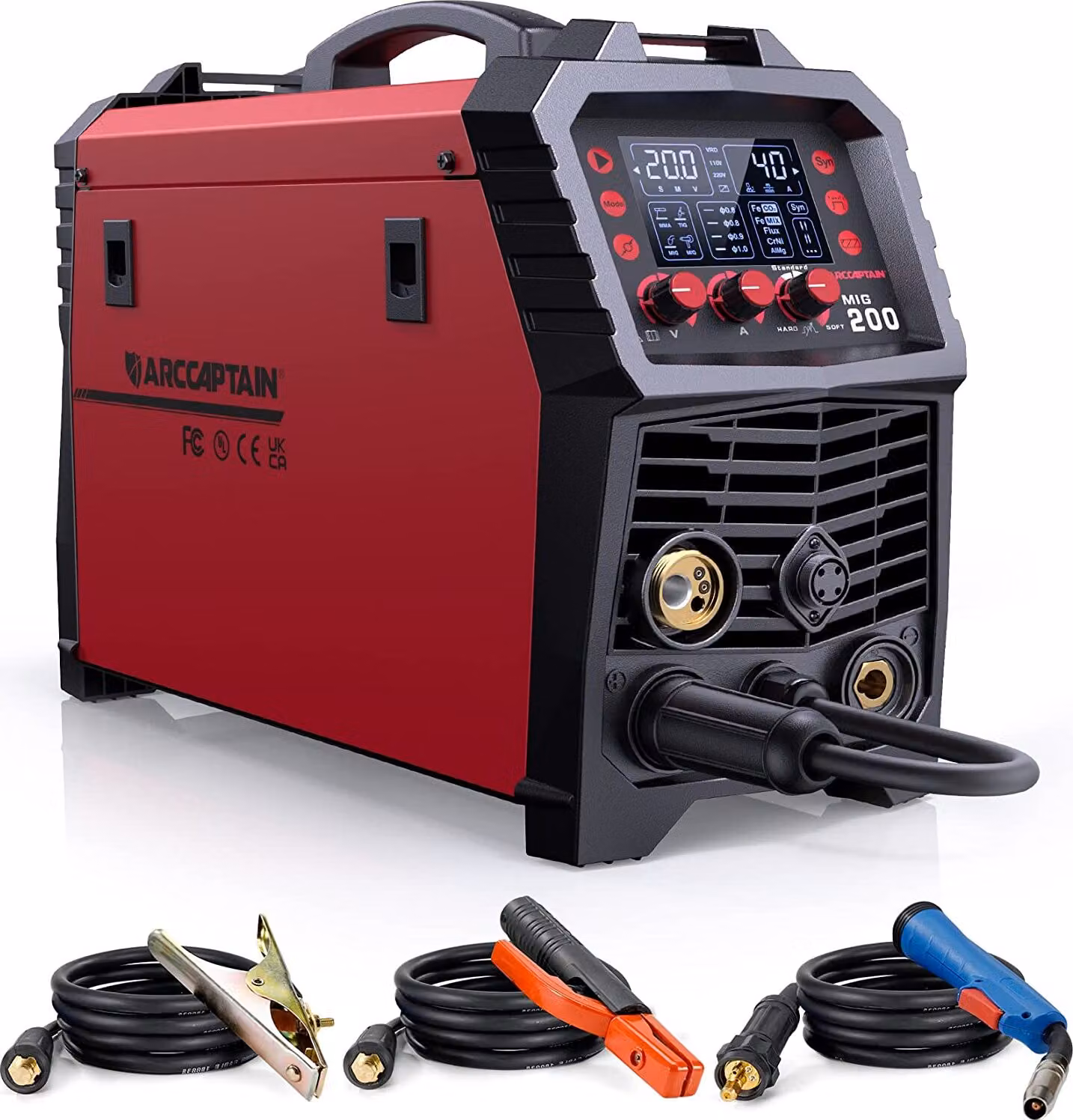 ARCCAPTAIN saldatrice MIG MAG 200 ampere, 7 in 1 saldatrice completamente sinergica FLUX filo animato/MAG/MIG saldatrice a gas inerte/MMA/Lift TIG/pistola di supporto/saldatura a punti, inverter IGBT 230V
