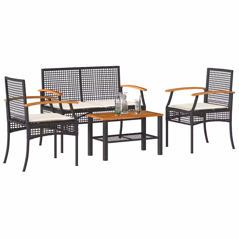 Set da giardino vidaXL composto da 4 pezzi con poltrone lounge, tavolino da caffè e cuscini imbottiti in rattan e metallo nero