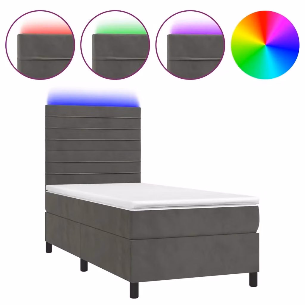 Letto matrimoniale moderno vidaXL in velluto grigio con materasso ibrido, illuminazione LED sottostante e porte USB, L/P/H: 90 x 190 x 128 cm – 2