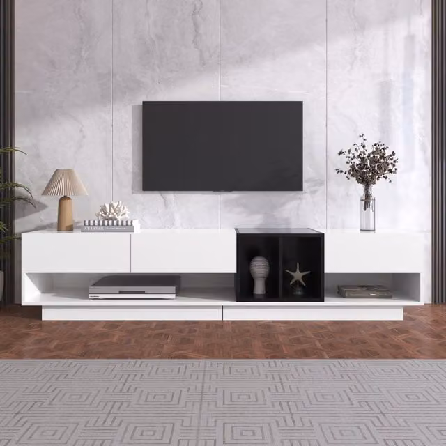 Mobile TV Lowboard Moderno Aosom in Bianco e Nero Lucido con Cassetti e Ripiani, L 190 x P 40 x H 42 cm – 1