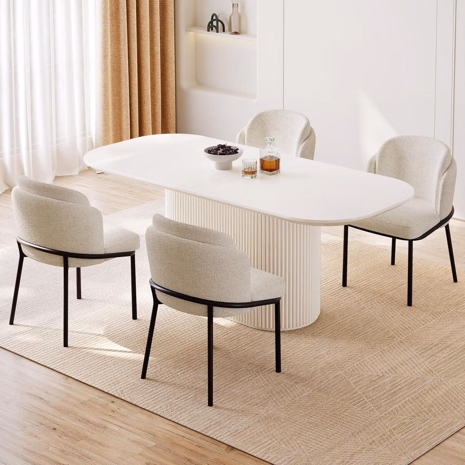 Set da tavolo da soggiorno con 4 sedie imbottite, design scandinavo, colore bianco, dimensioni 177,8 cm
