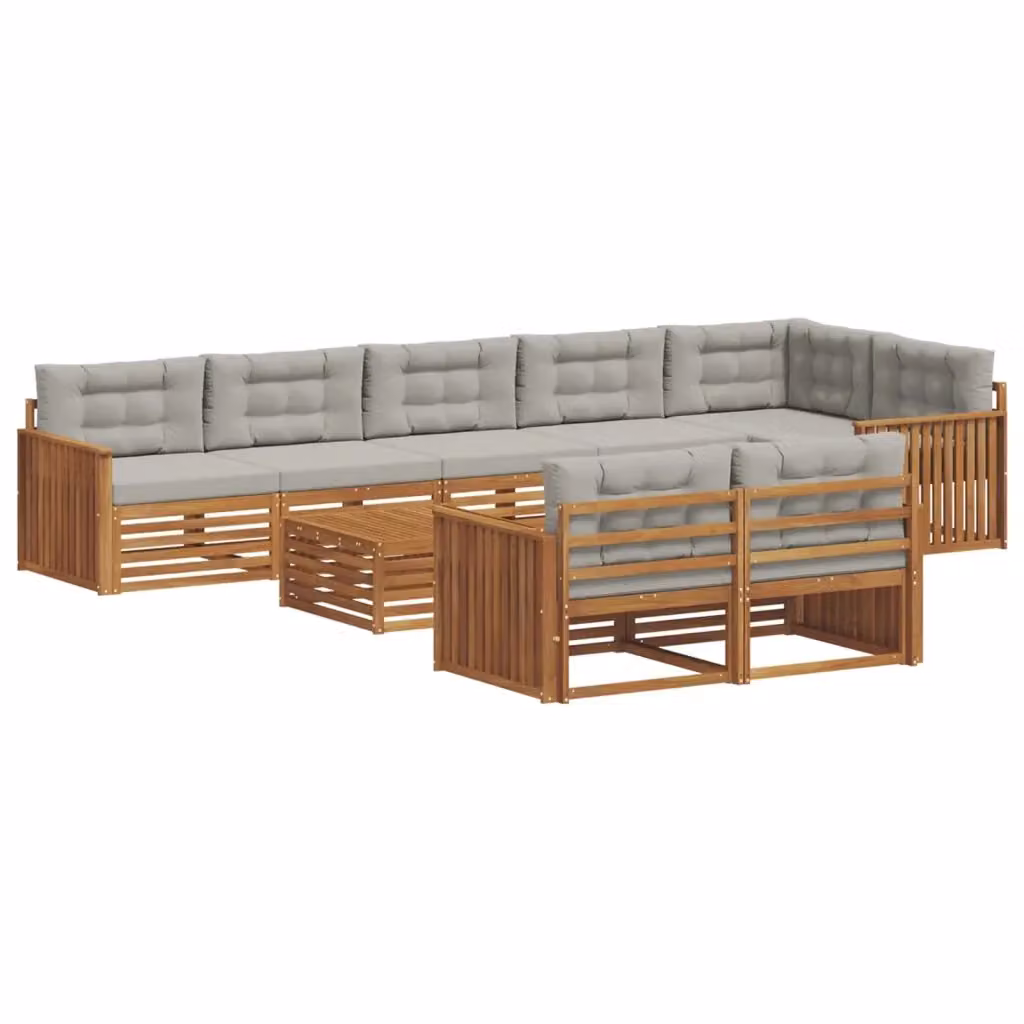 Set di divani da esterno a L con tavolino da giardino vidaXL in legno di acacia e tessuto grigio, 9 pezzi – 2