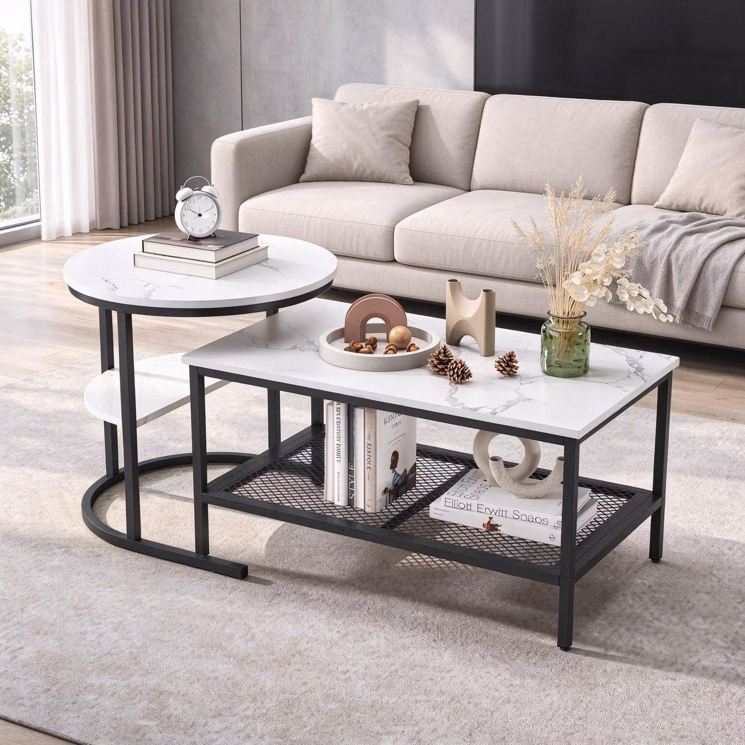 INONEFT, set da 2 tavolini, aspetto marmo con struttura in metallo e ripiano, tavolino da salotto, tavolino laterale, tavolino da caffè per soggiorno, bianco + nero