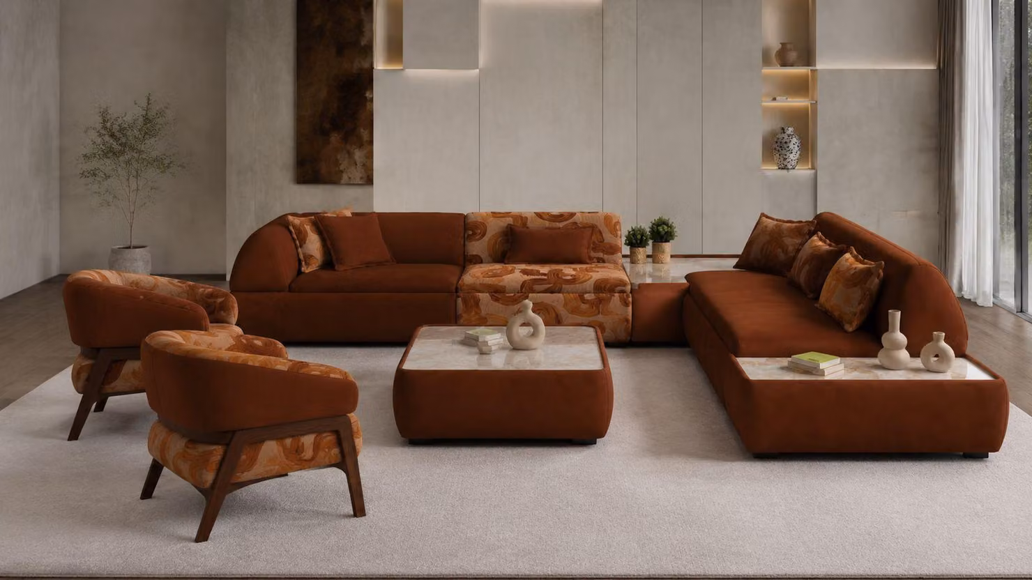 Divano ad angolo a forma di "L", 2 poltrone, colore marrone, design moderno, confortevole, ideale per il soggiorno