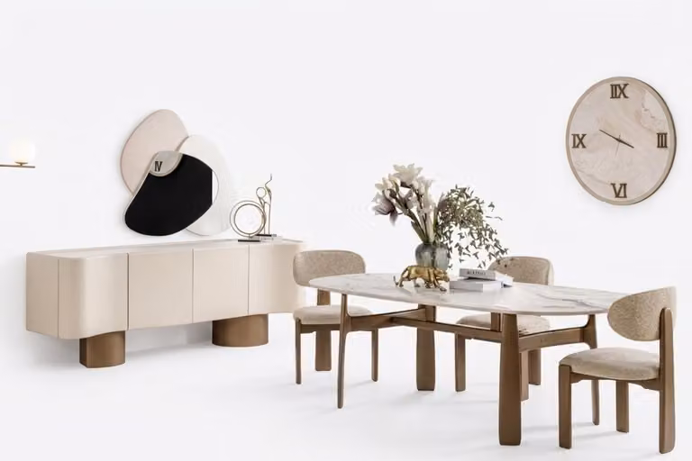 Set per sala da pranzo in stile moderno, colore beige, con consolle spaziosa e sedie imbottite