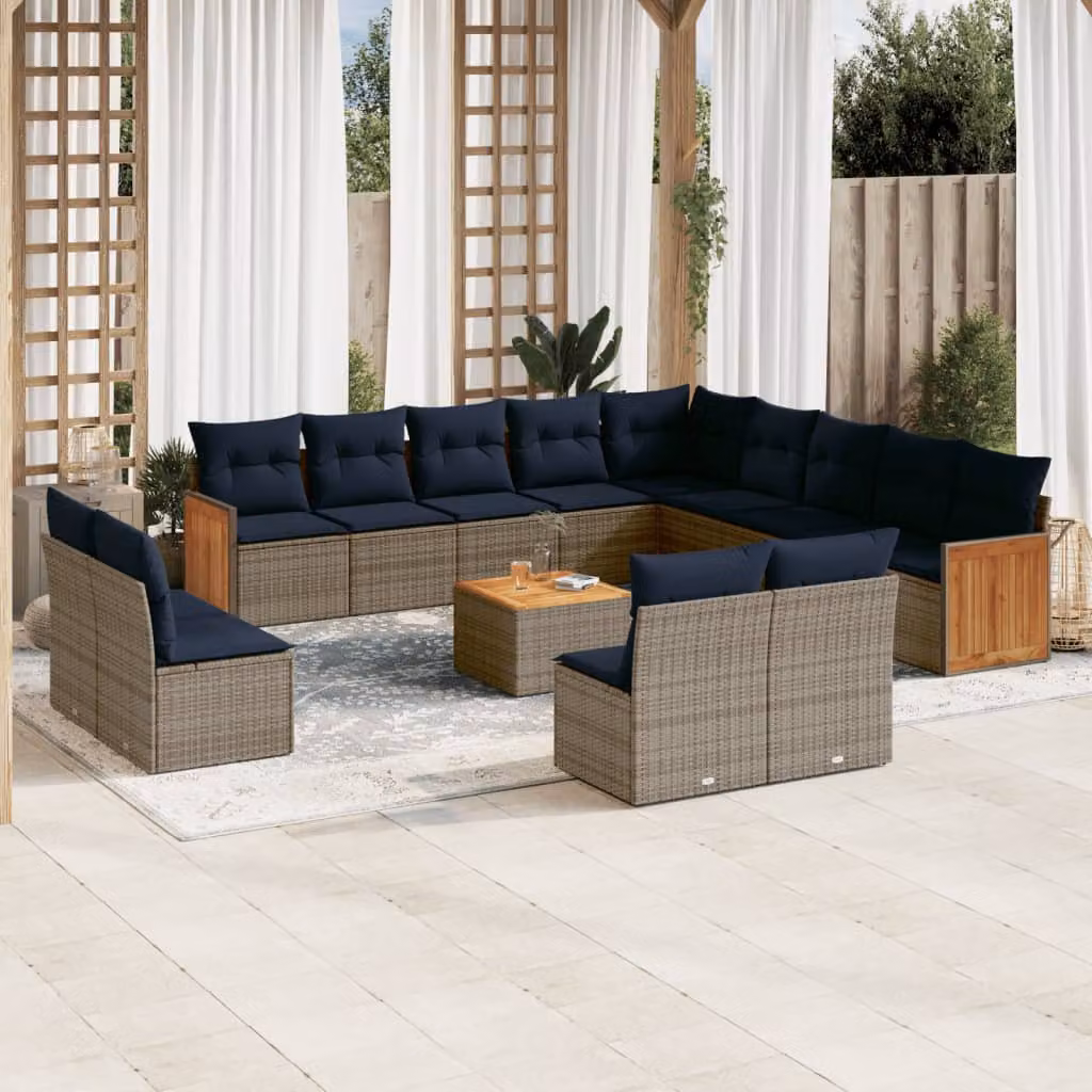 Set di divani da giardino vidaXL in polyrattan grigio con cuscini, tavolino e moduli componibili a forma di U per esterno