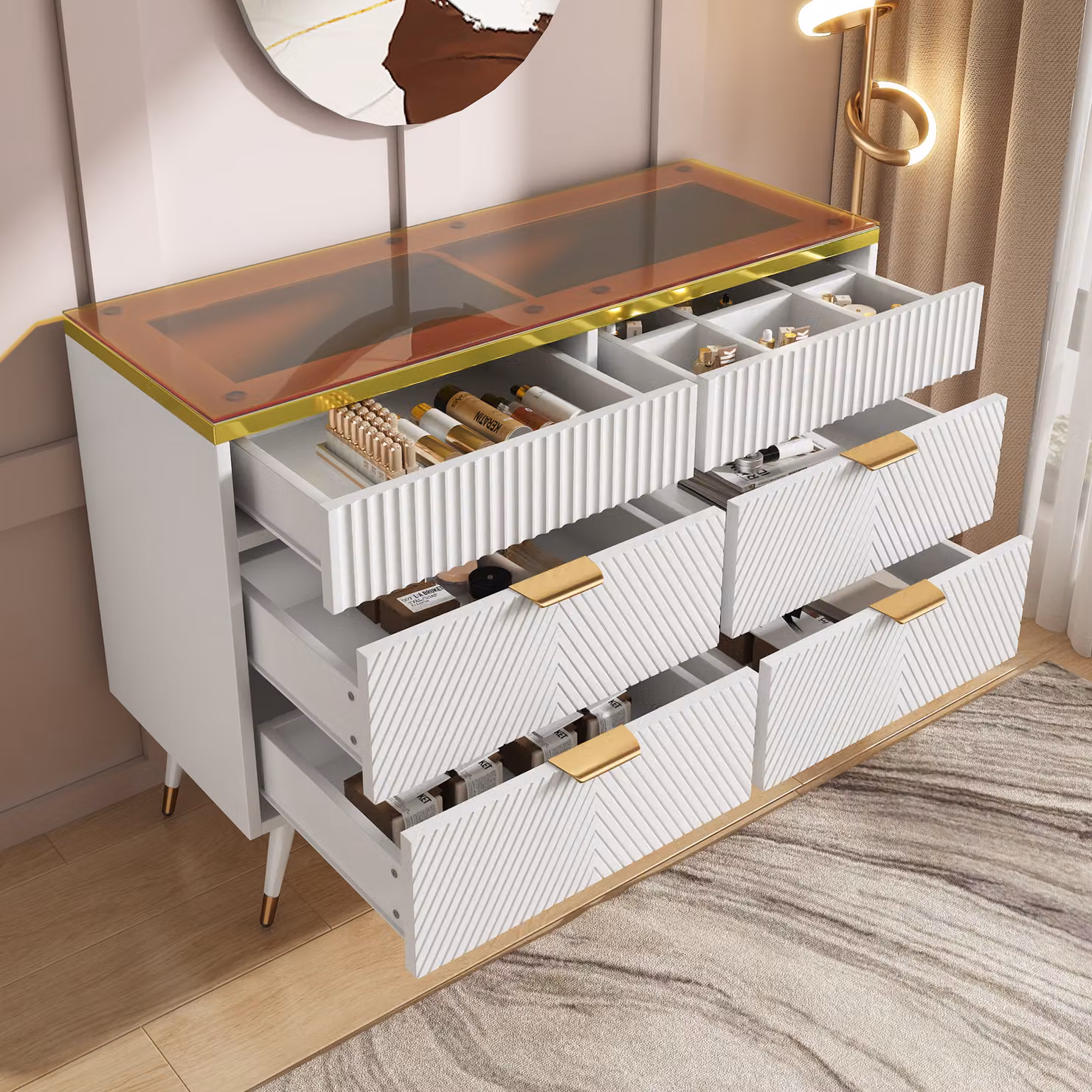Credenza STILVORA con scomparti, mobile contenitore con 6 cassetti, in vetro color ambra, bianco