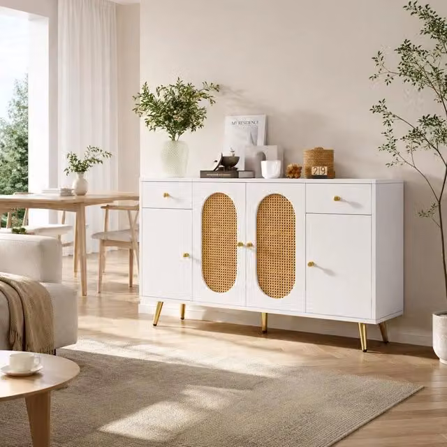 Cassettiera e madia con 2 cassetti e 4 ante, ripiani regolabili in altezza, adatta per soggiorno e cucina, tonalità bianco e naturale, dimensioni L140 x P35 x H82 cm, funzionale e capiente