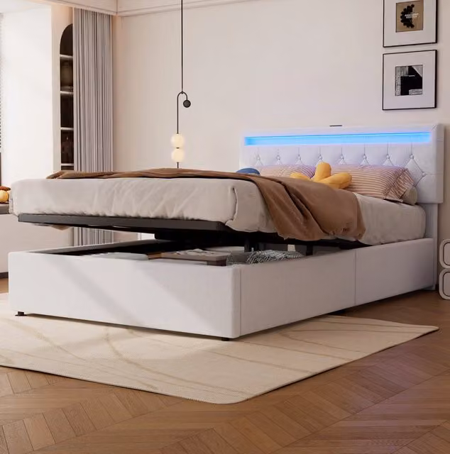 Letto imbottito 140x200 cm con contenitore; LED e porte USB/Type-C; bianco