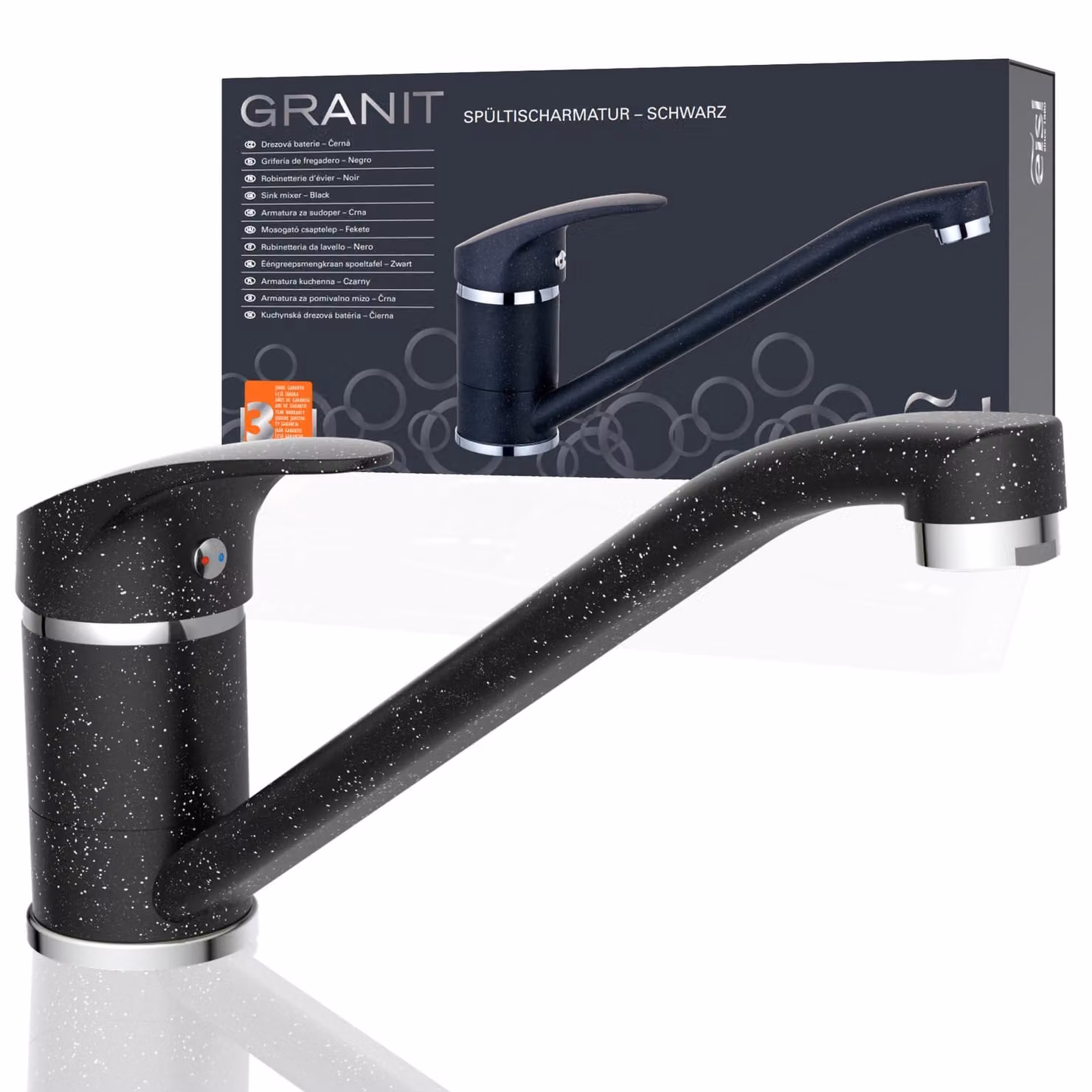 Miscelatore monocomando per cucina, girevole a 360°, finitura granito/nero