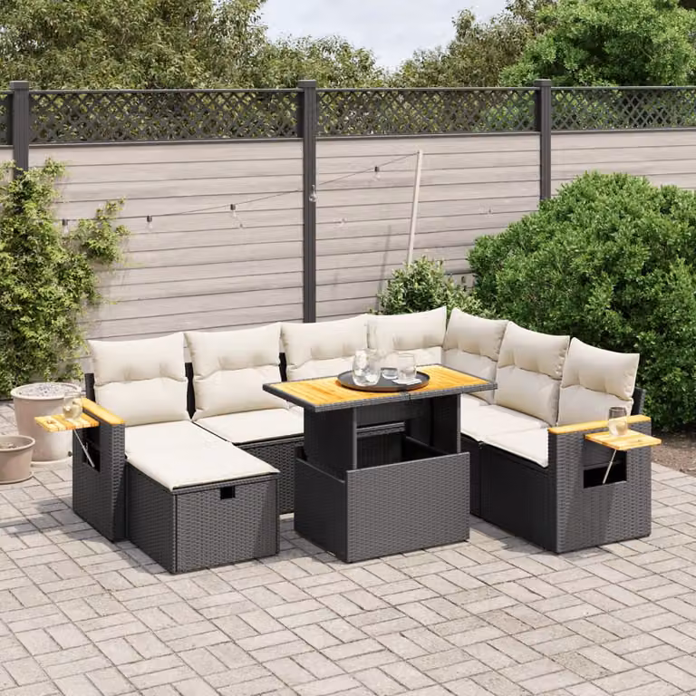 Set di divani da giardino vidaXL in polyrattan nero con 8 pezzi e cuscini bianchi resistenti ai raggi UV