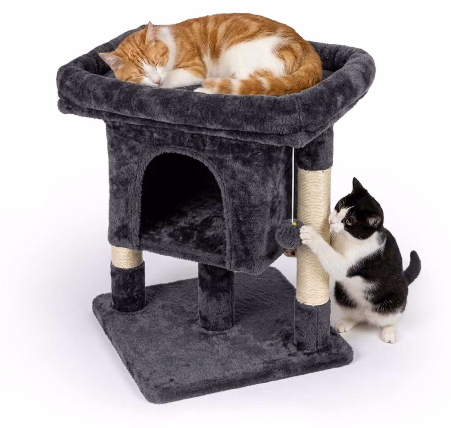 Albero per gatti Relaxdays, con cuccia, 2 pali in sisal e area relax, cuccia morbida, dimensioni: 60x52,5x41 cm, materiale: sisal, colore: grigio scuro