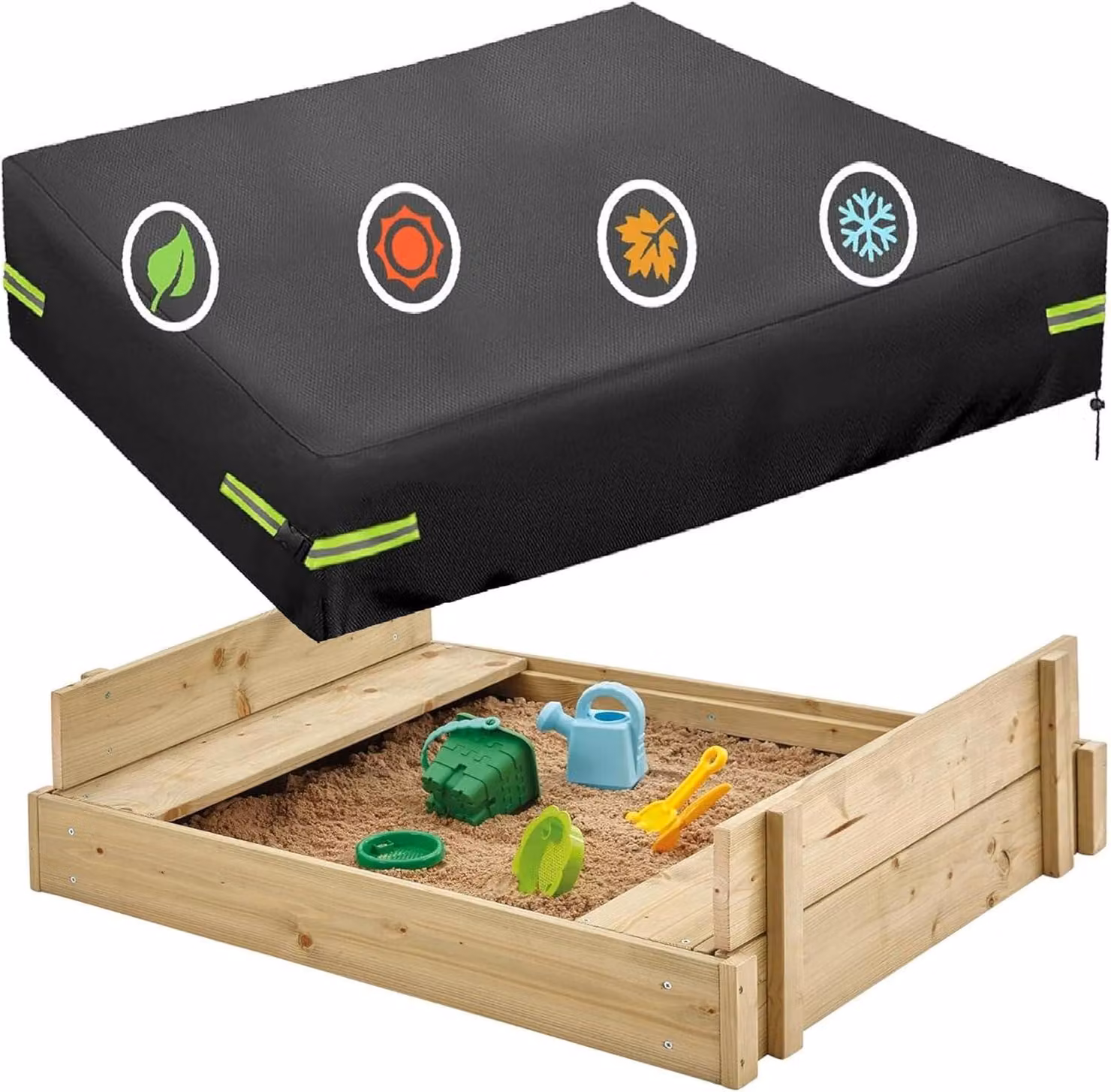 Copertura per sabbiera, dimensioni 155x155 cm, realizzata in poliestere 420D, colore nero, con coulisse, ideale per l'uso in giardino