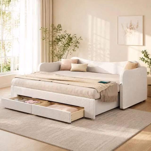 Divano letto 90 × 200 cm estensibile a 180 × 200 cm con 2 cassetti; porte USB e USB-C rivestito in bouclé beige