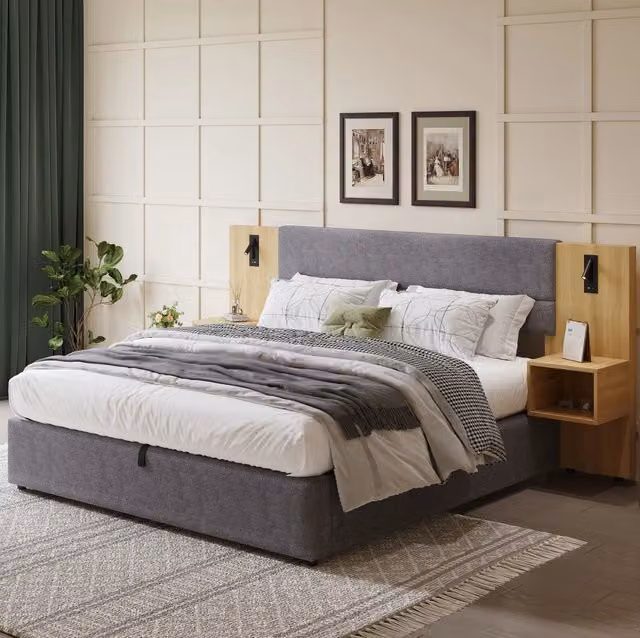 Letto 180x200 cm con contenitore idraulico; USB e 2 comodini; velluto grigio e colore naturale (Senza materasso)