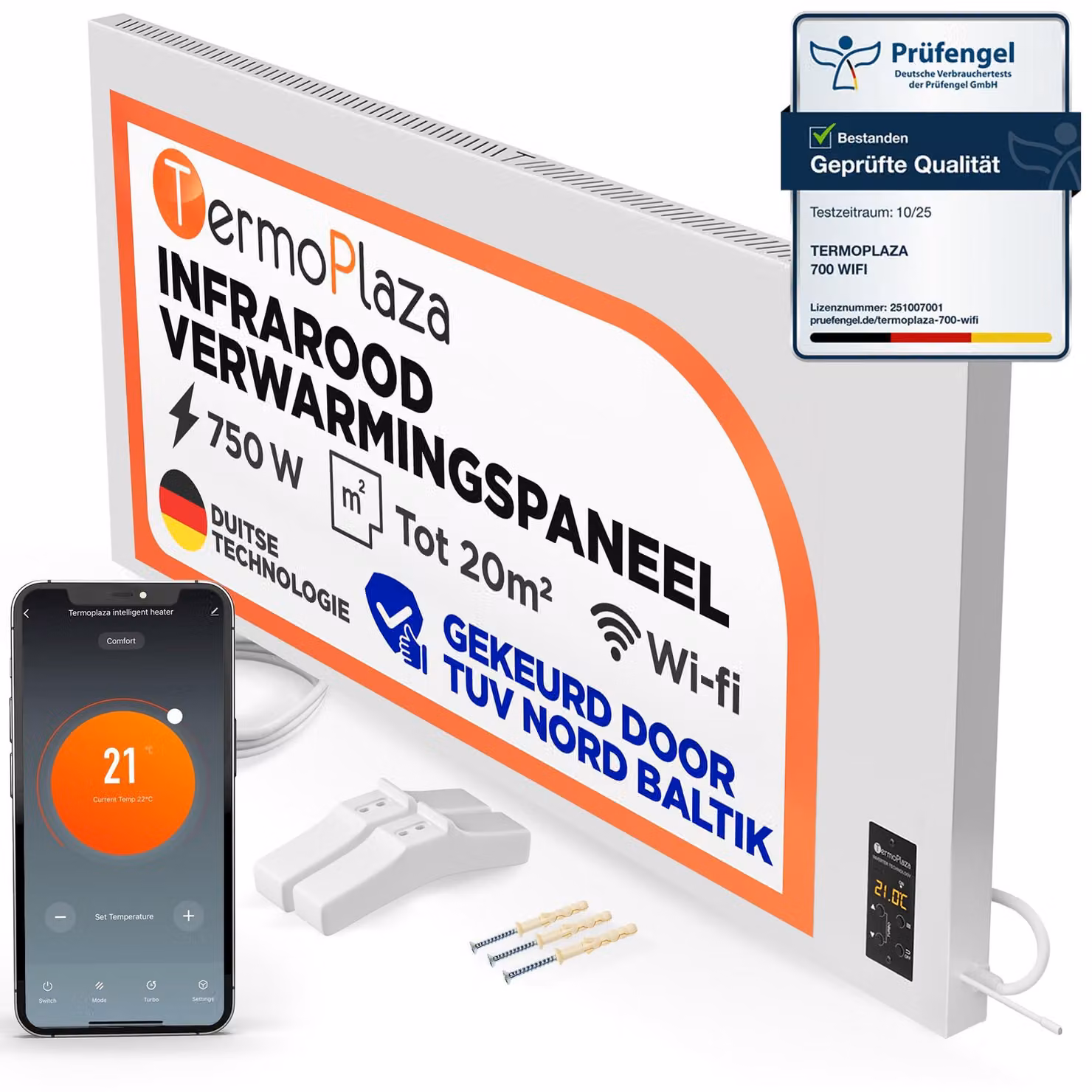 Pannello riscaldante a infrarossi elettrico - 750 W - Bianco - Autoportante e da parete - Per uso interno