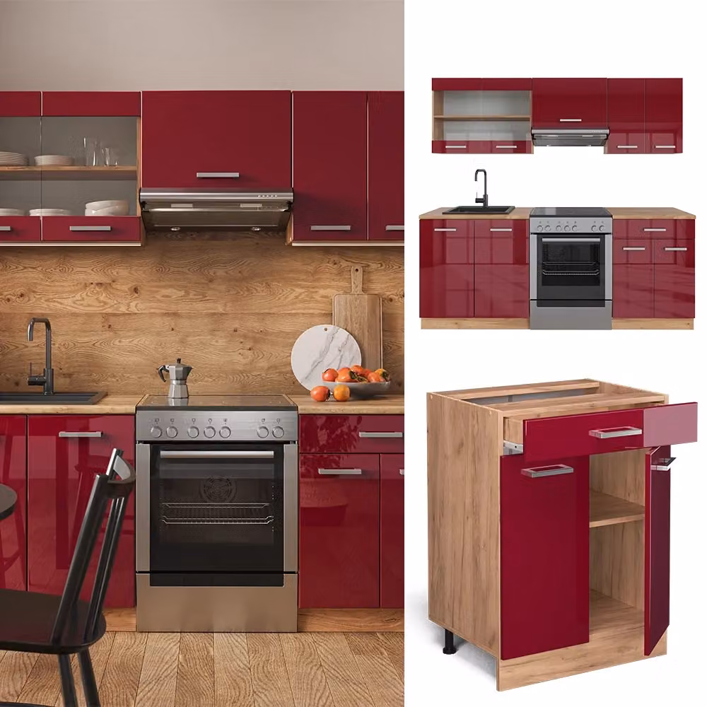 Cucina componibile moderna Vicco R-Line in rosso lucido e rovere dorato con piano antracite, L: 200 cm – 2
