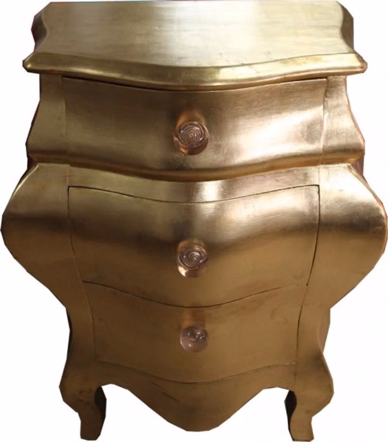 Comodino Casa Padrino in stile barocco, aspetto antico, con finitura in foglia d'oro, dimensioni 53 x 36 x 71,5 cm