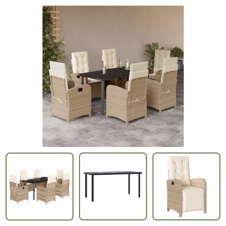 The Living Store Set da pranzo da giardino 7 pezzi con cuscini Beige poly rattan