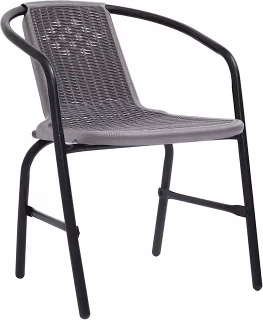 Set di 4 sedie da giardino impilabili in rattan, plastica e acciaio con braccioli, nero e grigio