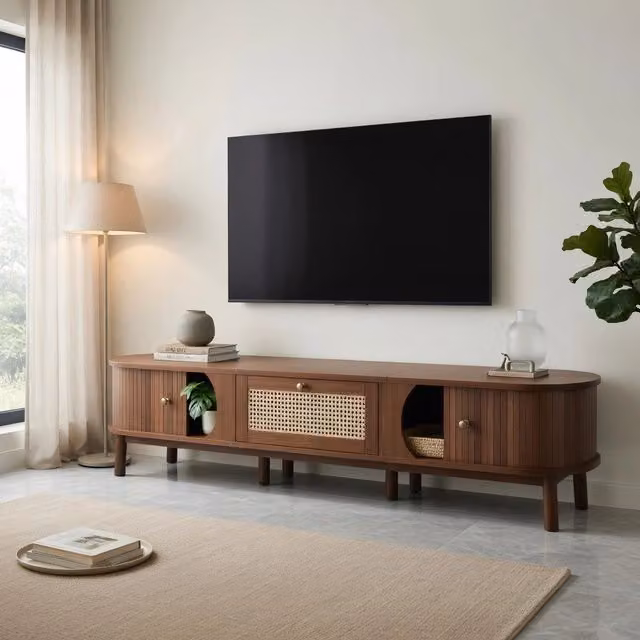 TV-Schrank naturfarben in Spanplatte mit Rattanschubladen 170 cm