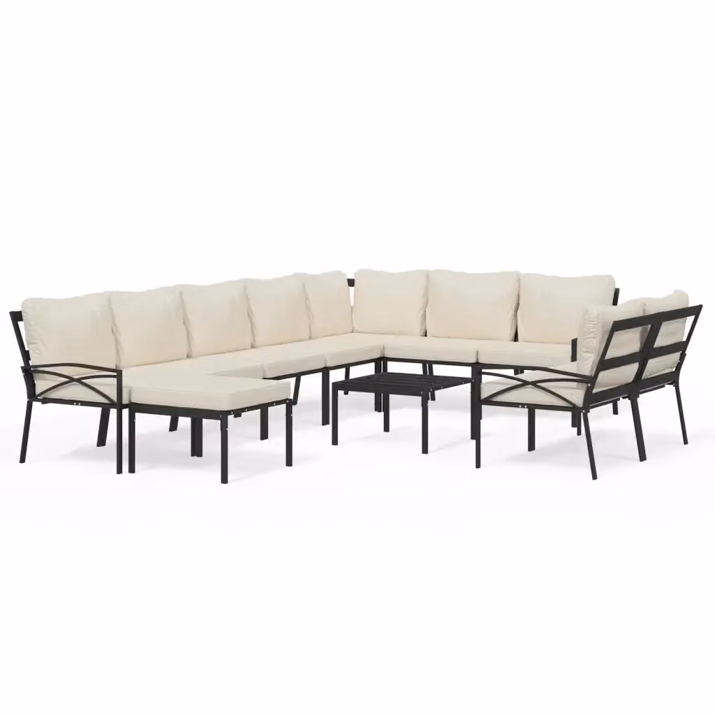 Set Salotto da Giardino Moderno vidaXL a Forma a L con 11 Pezzi, Acciaio Verniciato e Cuscini Colore Sabbia e Nero – 2
