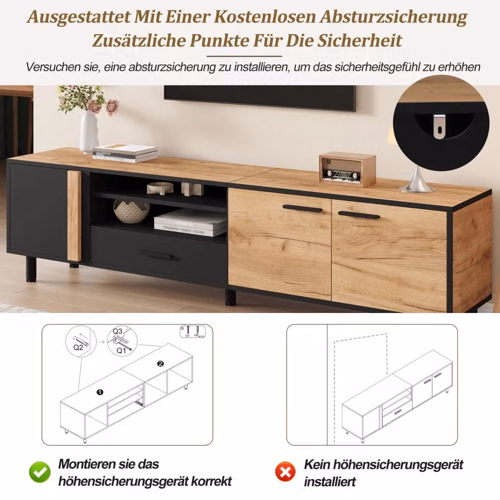 Mobile TV REDOM in stile scandinavo nero ed effetto legno con 3 ante e 1 cassetto, L: 180 cm, P: 32,5 cm, H: 50 cm – 2
