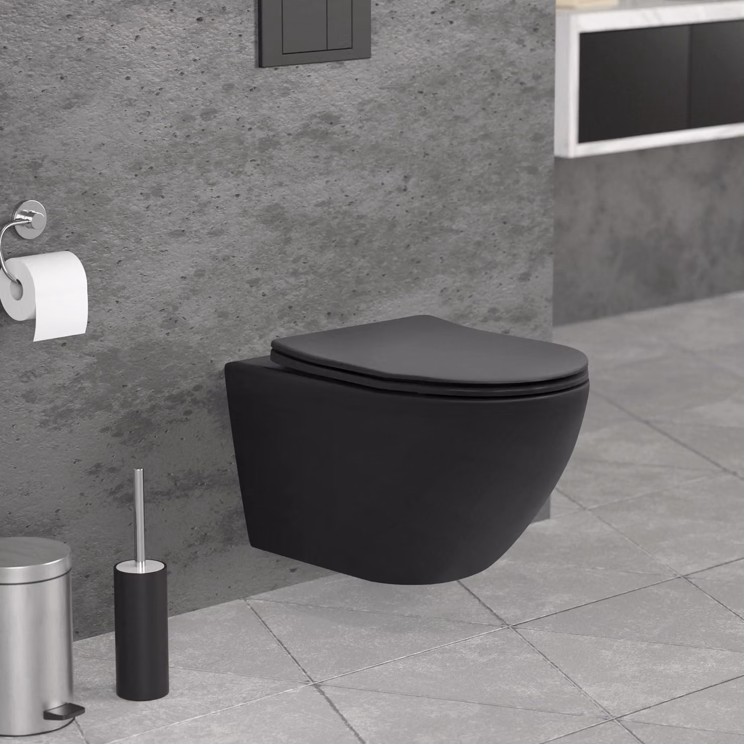 Water WC a pavimento, modello lungo, senza brida, finitura nera opaca, con nanotecnologia e sedile con chiusura ammortizzata