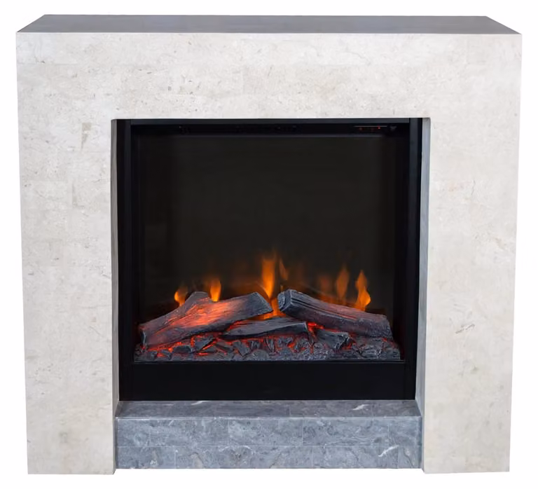 Camino elettrico Milos - Potenza di riscaldamento: 1400 Watt - Rivestimento in pietra naturale bianca - Camino decorativo