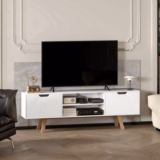 Mobiletto bianco in compensato con gambe in legno, dimensioni 150x39x50 cm