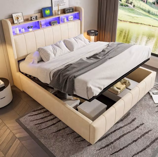 Letto imbottito 160x200 cm con LED; USB e Type-C; contenitore idraulico beige