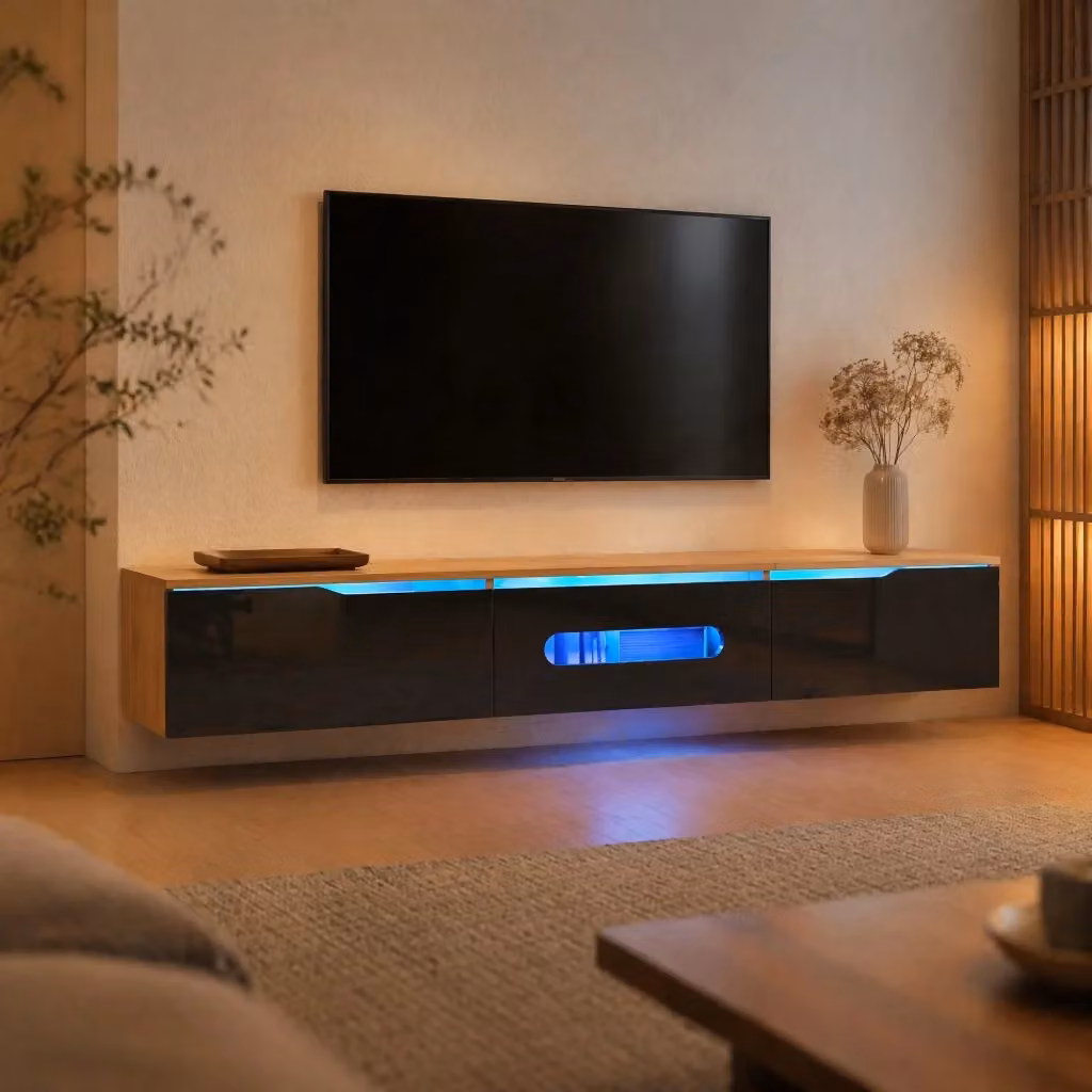Mobile TV MIVRAY nero effetto legno con 3 ante soft-close e illuminazione LED Bluetooth L: 180 cm, P: 35 cm, H: 30 cm – 2