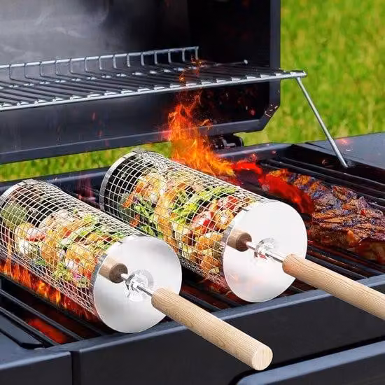 Carrello per barbecue girevole e con ruote per il campeggio - Carrello per barbecue pieghevole con ruote - Con manico in legno rimovibile - In acciaio inossidabile 304 - Accessori per cucine da esterno e barbecue - Adatto per ortaggi, giardinaggio, barbec