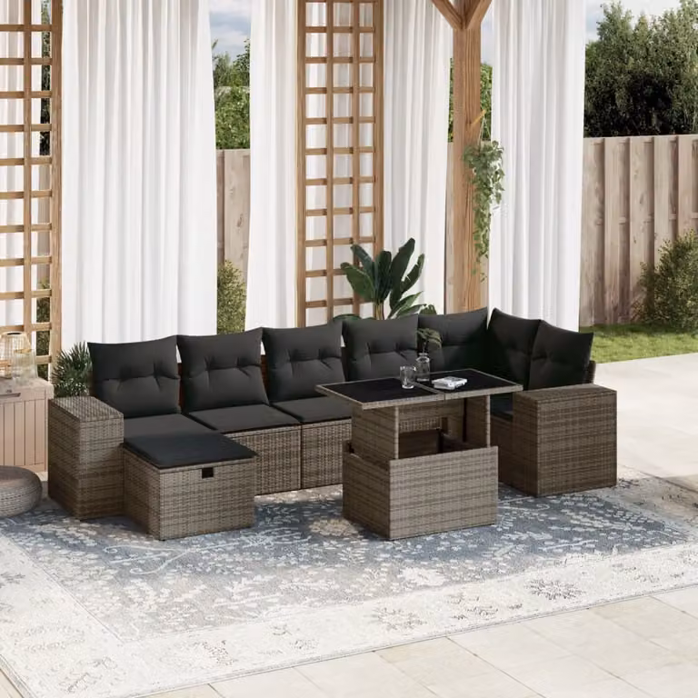 vidaXL Set Divano da Giardino a L 8 pz in Polyrattan Grigio con Cuscini e Tavolino
