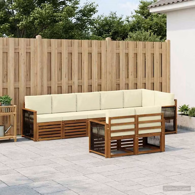 Set di divani da esterno vidaXL 7 pz in legno di acacia con cuscini, design moderno a L, colori marrone, bianco o beige
