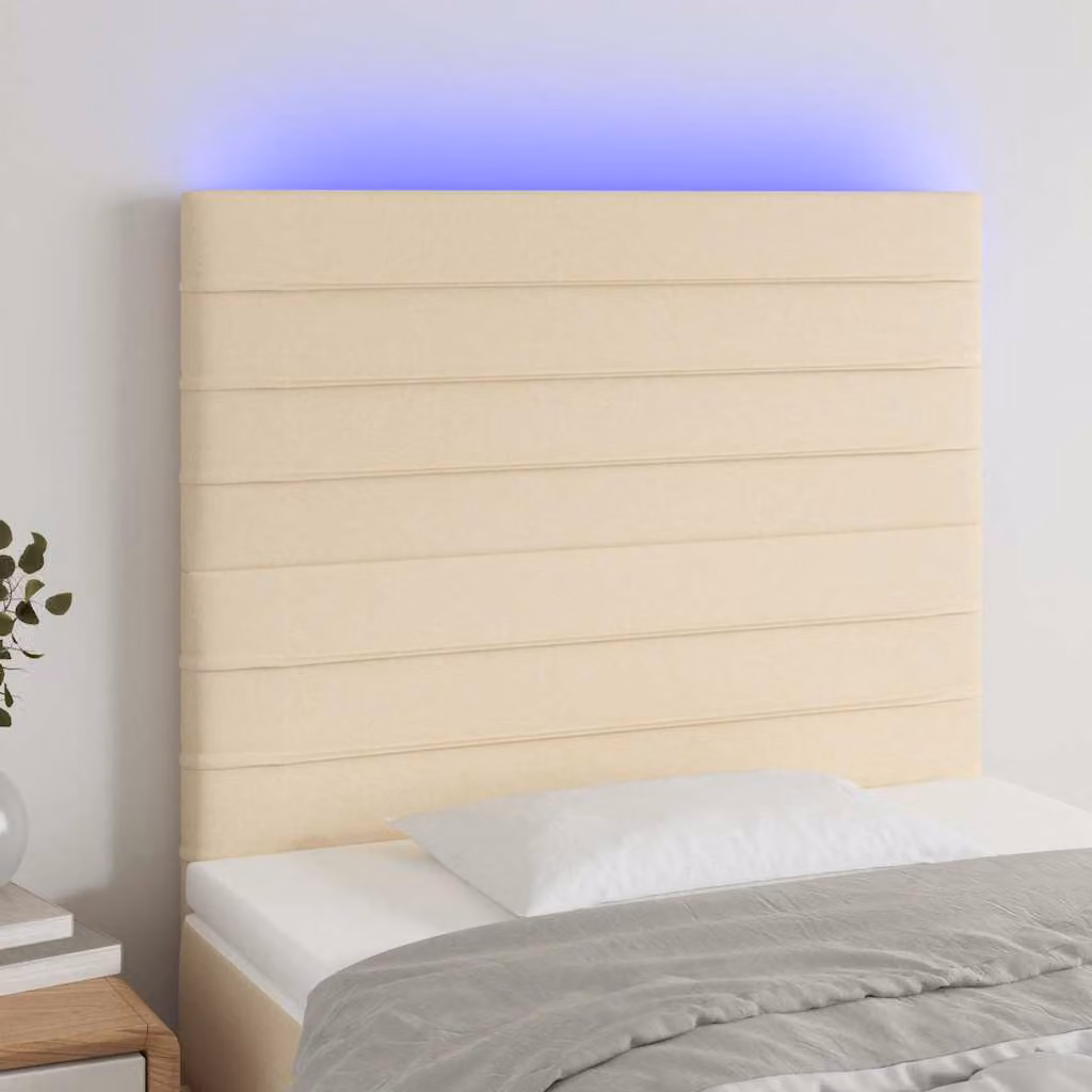 Testiera per letto vidaXL in tessuto beige con illuminazione LED e porta di ricarica USB, L 90 cm, P 5 cm, H 118-128 cm