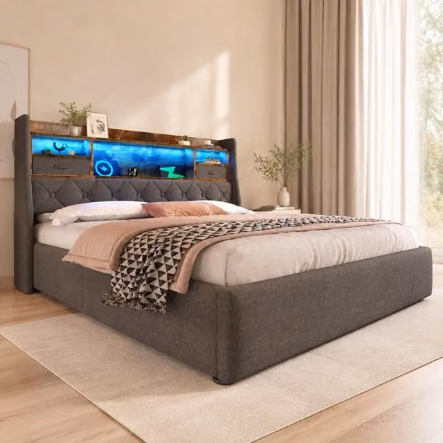 Letto contenitore Mivray con illuminazione LED, porte di ricarica USB Type-C e testiera imbottita in lino grigio, L/P: 180 x 200 cm
