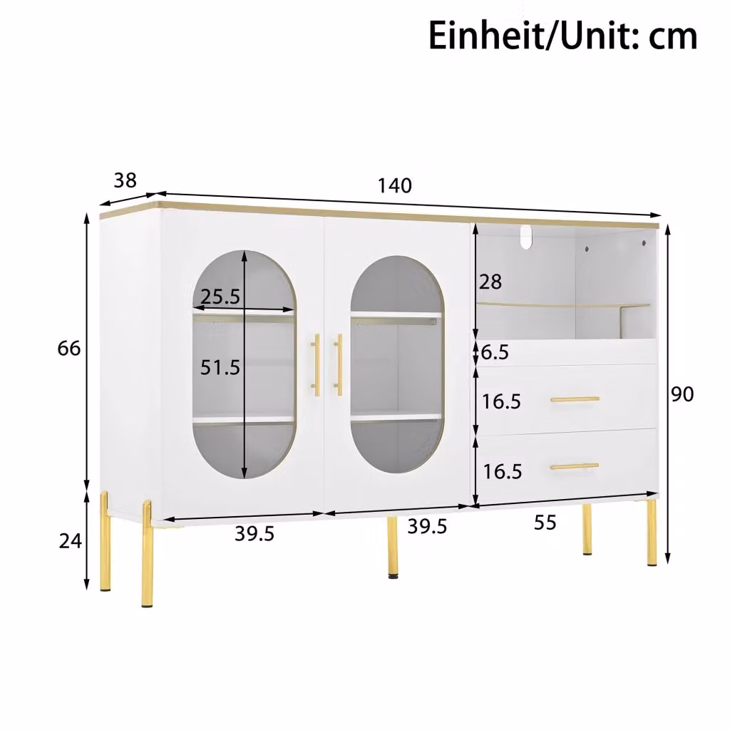 Sideboard REDOM moderno in MDF bianco e oro con 2 cassetti e 2 ante in vetro, L: 140 cm, P: 38 cm, H: 90 cm – 2